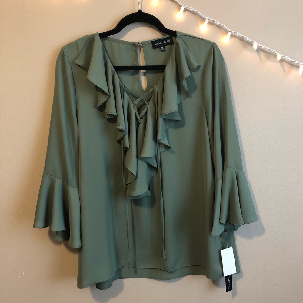 Blouse Olive Green Long Sleeve Ruffle Top